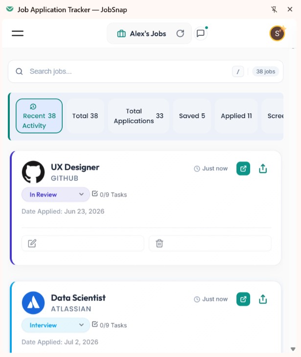 JobSnap Chrome Extension Interface